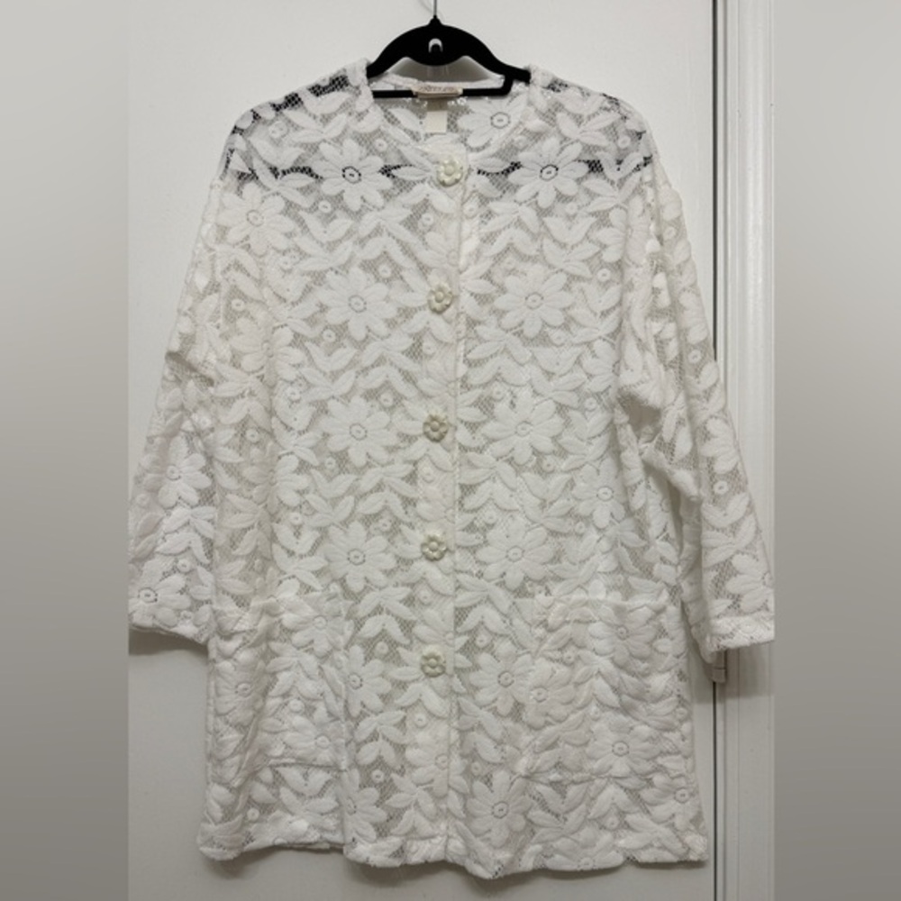 Sand Dollars Vintage Floral Lace Button Down Cardigan Jacket White L